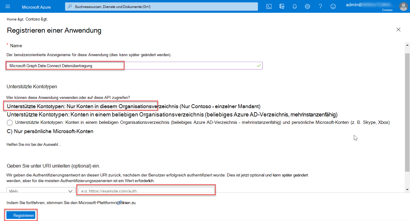 Screenshot: Schritte zum Registrieren einer neuen Anwendungsregistrierung im Azure-Portal
