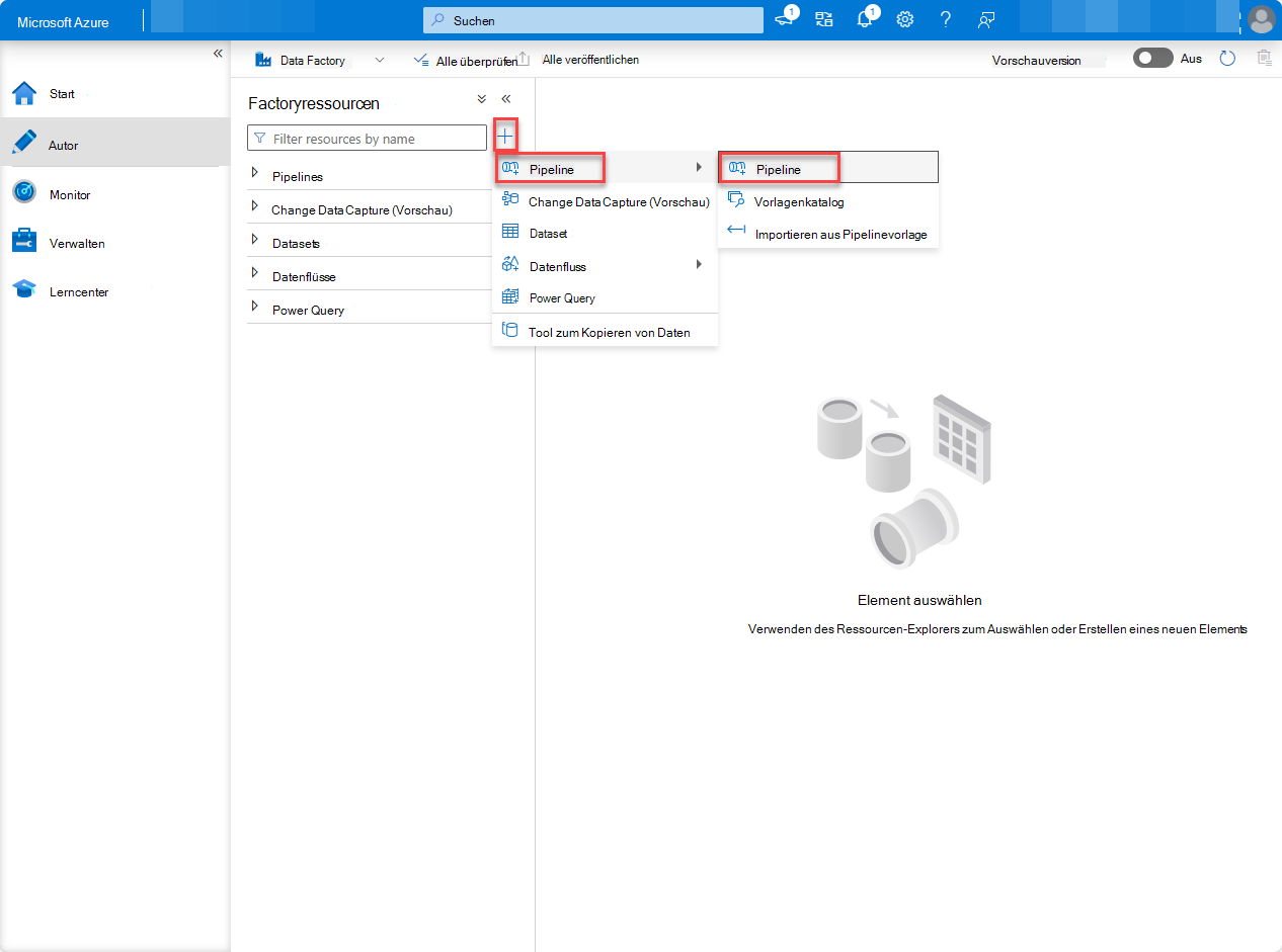 Screenshot: Seite des Azure-Portal Data Factory-Diensts mit hervorgehobener Pipeline