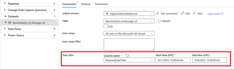 Screenshot: Konfigurieren von Datasetfiltern in einer Azure Data Factory Kopieraktivität