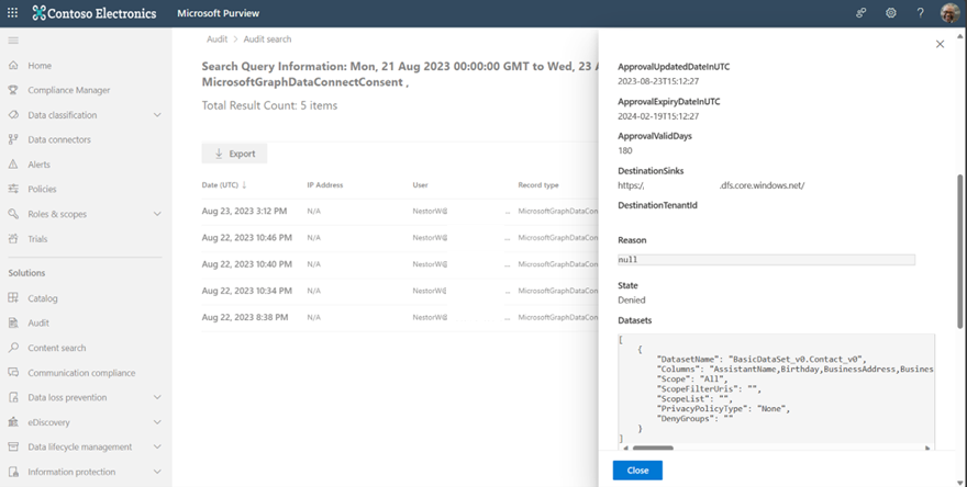 Screenshot: Suchergebnisse im Überwachungsprotokoll mit ausgewähltem Datum für die Genehmigungs-Aktualisierung in UTC-Details im Seitenbereich