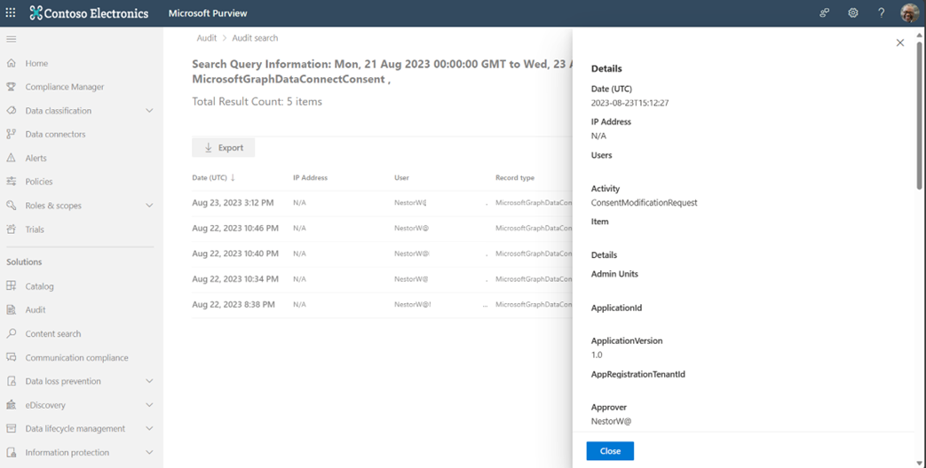 Screenshot: Suchergebnisse im Überwachungsprotokoll mit ausgewählten Details im Seitenbereich