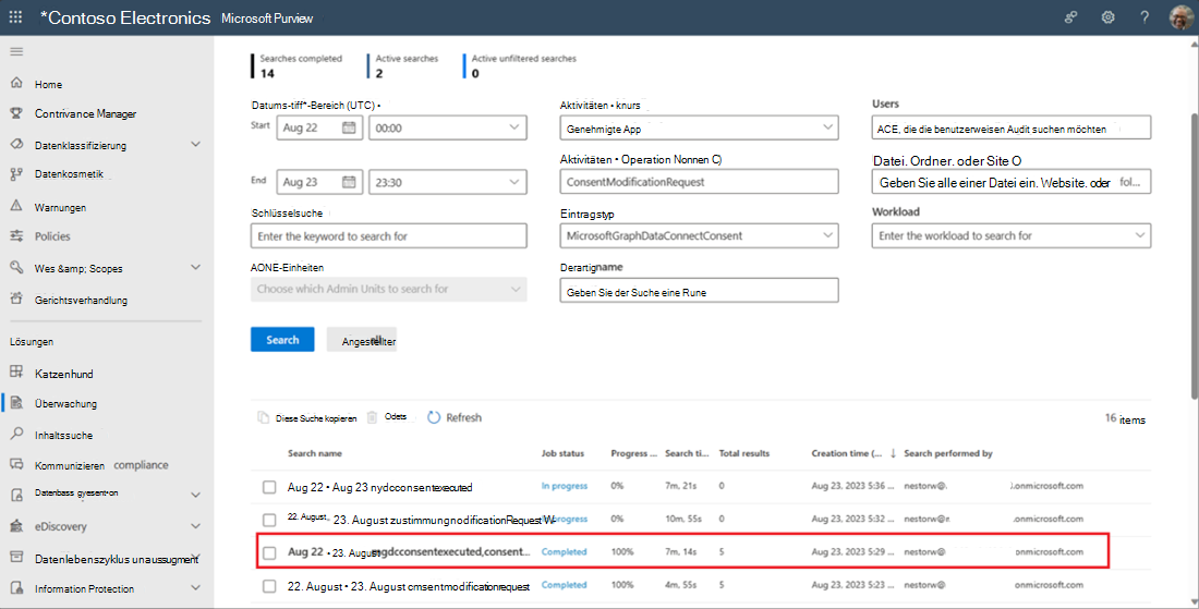 Screenshot: Suchfelder für Überwachungsprotokolle mit hervorgehobenen Details zu Zeitbereichen