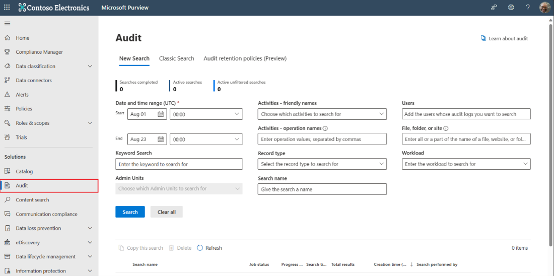 Screenshot mit hervorgehobener Überwachungsoberfläche im linken Bereich des Microsoft Purview-Complianceportal.