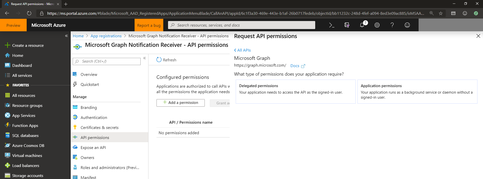 Screenshot der Berechtigungsseite „API anfordern“ des Azure-Portals