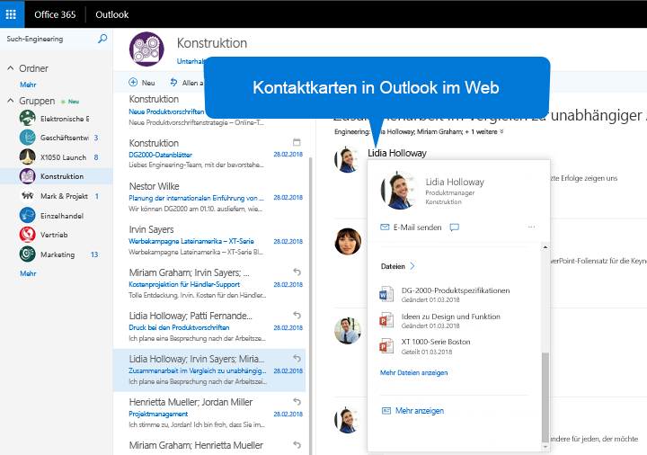 Screenshot einer Personenkarte für einen Benutzer in Outlook im Web mit den zuletzt verwendeten Dateien