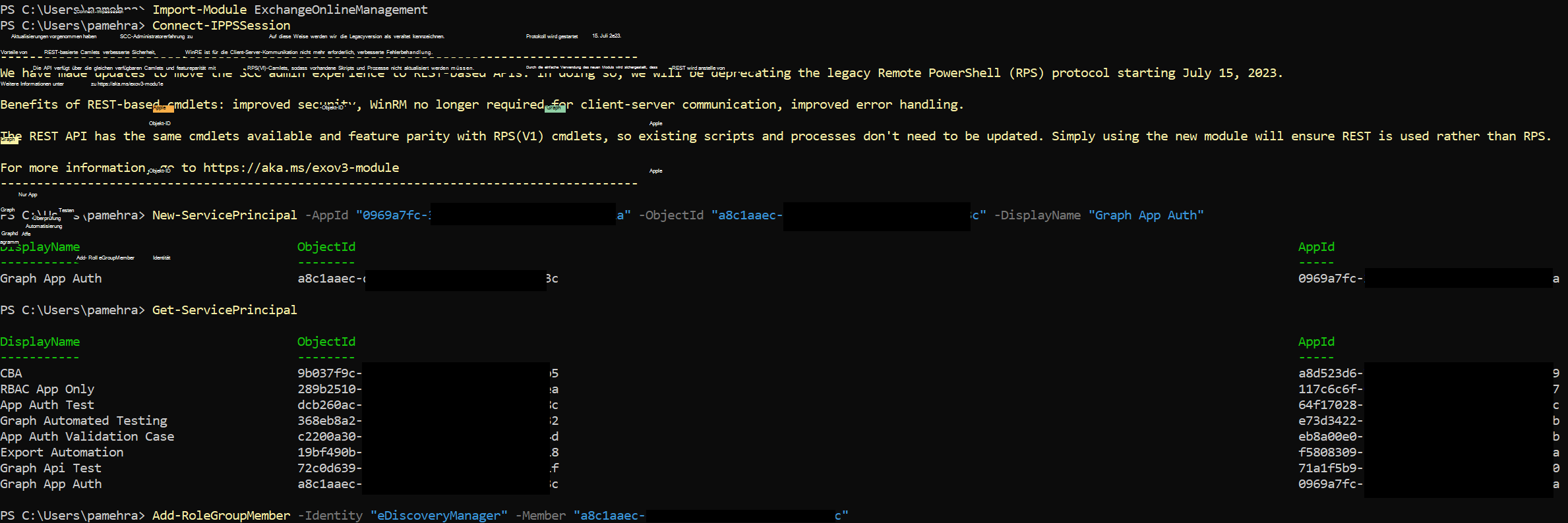 Screenshot der Exchange Online-Shell.