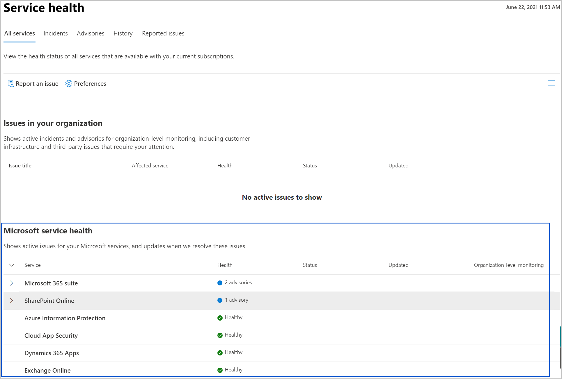 Screenshot des Microsoft 365 Admin Center-Dienstintegritätsdashboards für einen Benutzer