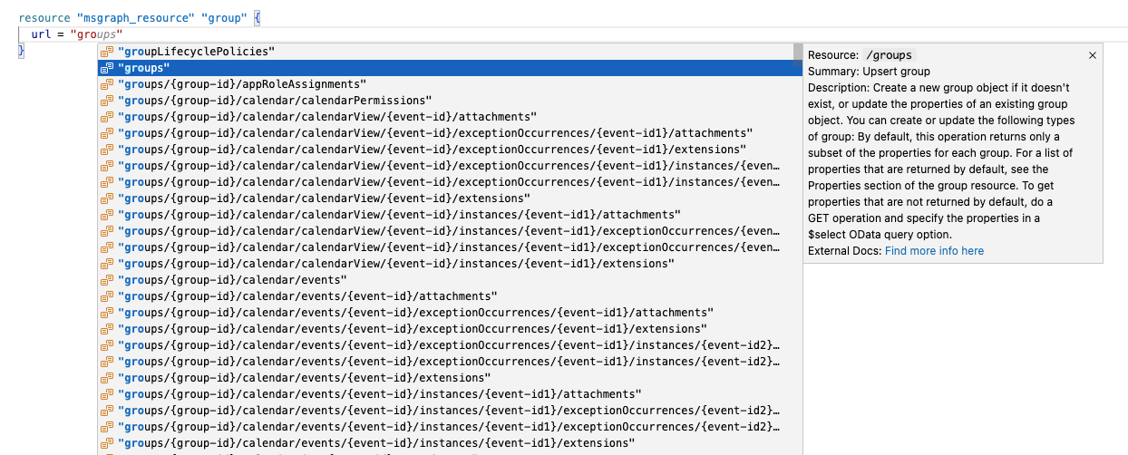 Screenshot of selecting Microsoft Graph groups for resource type.