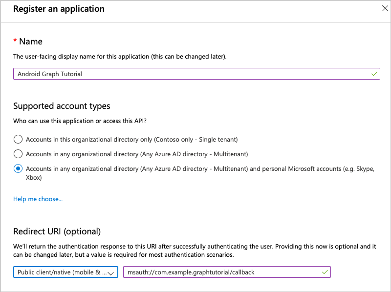 Screenshot der Seite "Anwendung registrieren"