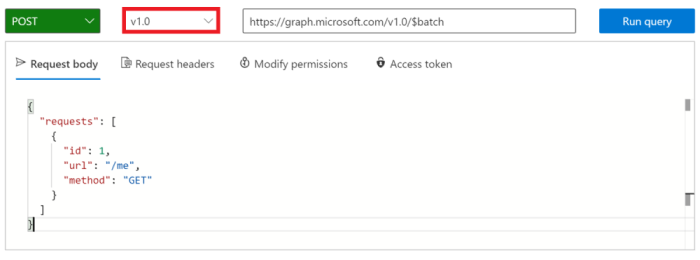 Screenshot der Batchabfrage im Graph-Explorer mit ausgewählter Version 1.0