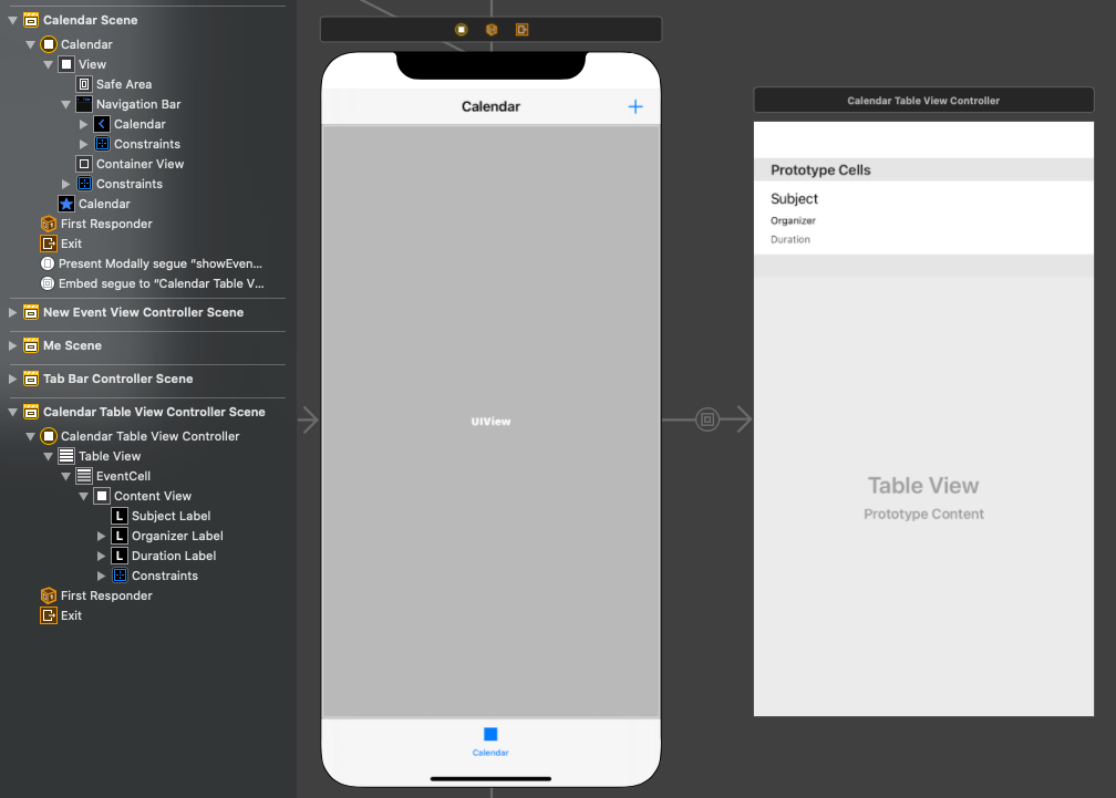 Screenshot der Kalender- und Kalendertabellenansichtscontroller