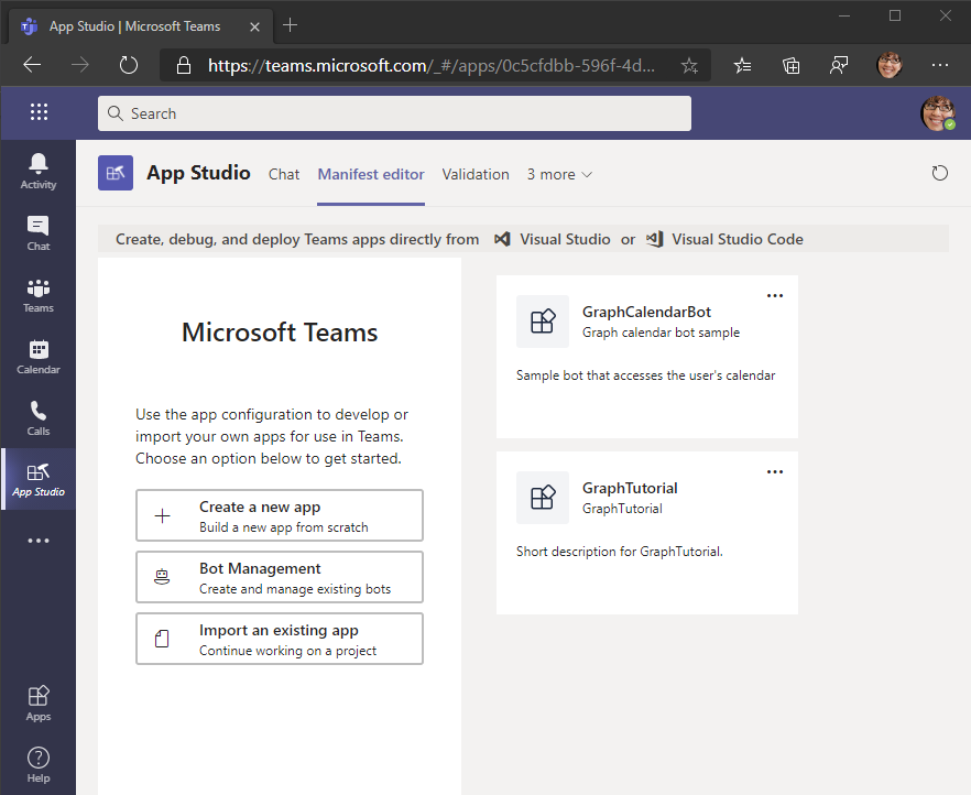 Screenshot des Manifest-Editors in App Studio in Microsoft Teams