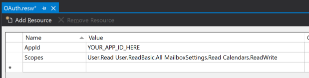 Screenshot der Datei "OAuth.resw" im Visual Studio-Editor