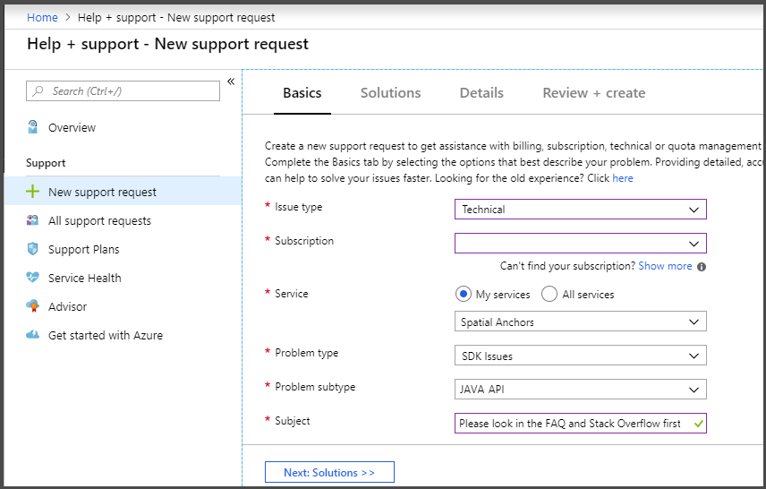 Felder des Supporttickets im Azure-Portal