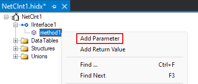 Screenshot: Standard Entwurfsansicht, Kontextmenü der Methode und ausgewählte Option für Parameter hinzufügen