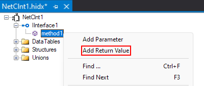 Screenshot: Standard Entwurfsansicht, das Kontextmenü der Methode und die ausgewählte Option für Rückgabewert hinzufügen.
