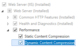 Screenshot des Webservers und des Leistungsknotens mit ausgewählter statischer Inhaltskomprimierung und hervorgehobener dynamischer Inhaltskomprimierung.