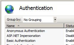 Screenshot shows Authentication pane with Windows Authentication selected. Enable option is displayed in Actions pane.