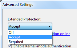 Screenshot of Advanced Settings dialog box showing Accept option is selected from Extended Protection drop down menu.
