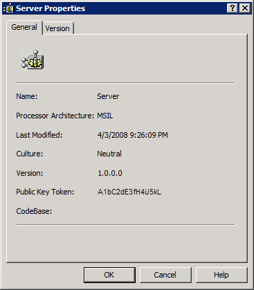 Screenshot of Server Properties dialog box displaying full name of the assembly.