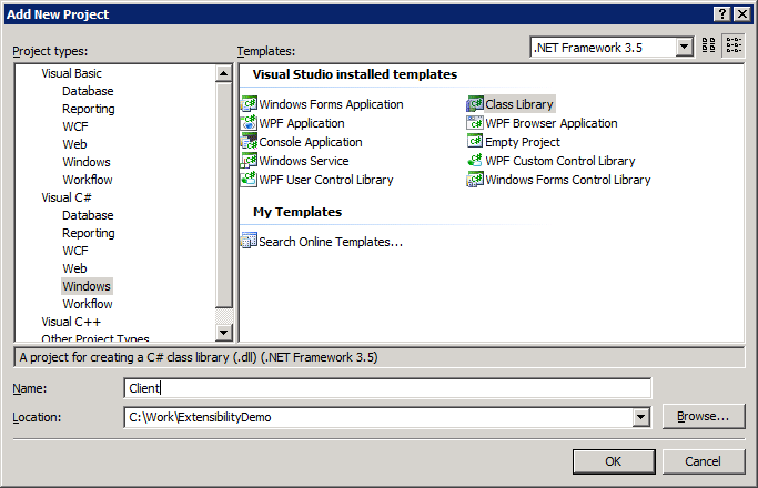 Screenshot of Add New Project window with Class Library selected and Client entered as project name in the Name field.