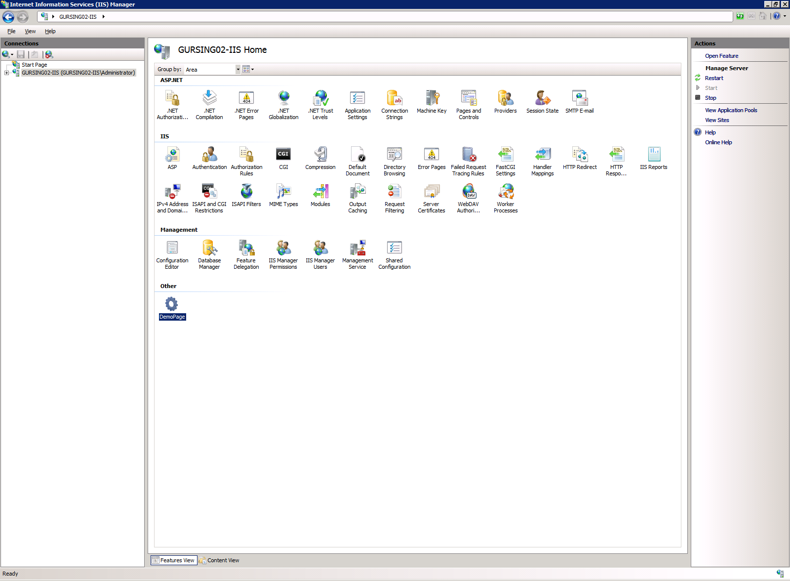Screenshot of Internet Information Services I I S console with Actions menu displayed.