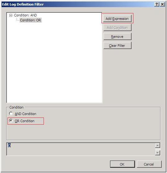 Screenshot of the Edit Log Definition Filter window. Condition:OR appears in the main pane. Add Expression and OR Condition are highlighted.
