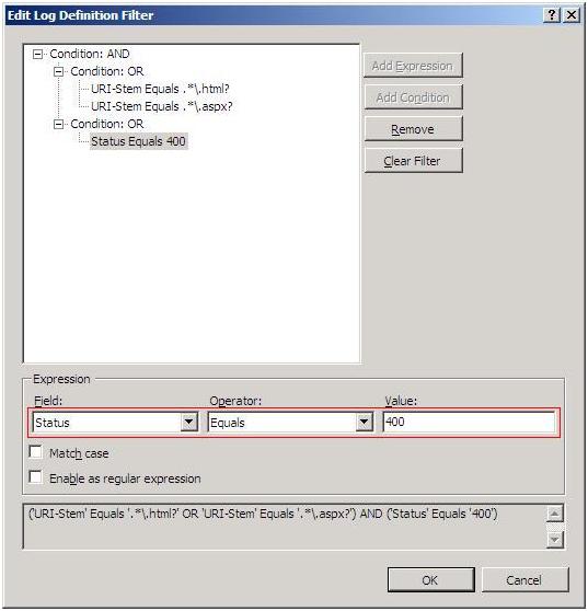 Screenshot of the Edit Log Definition Filter window. Status Equals 400 is highlighted in the main pane. Options are highlighted in the Expression pane.