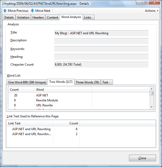 Screenshot showing Word Analysis tab with most commonly used words in a page.