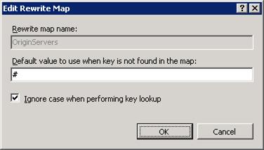 Screenshot of the Edit Rewrite Map dialog. The character # is in the Default value to use when key is not found in the map input box. OK is selected.