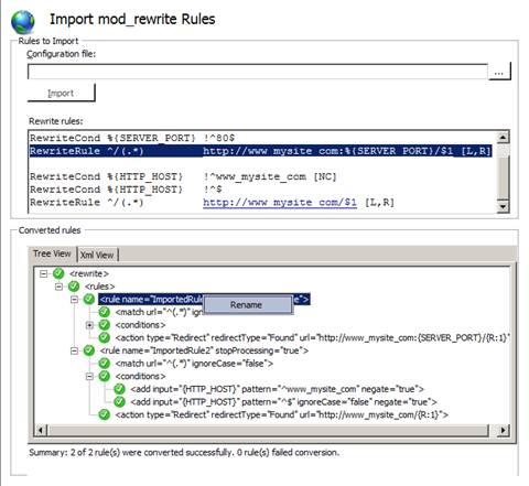 Screenshot des Rechtsklicks auf eine konvertierte Regel, um die Regel umzubenennen.