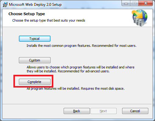 Screenshot des Setup-Assistenten für Microsoft Web Deploy 2 Punkt 0. 