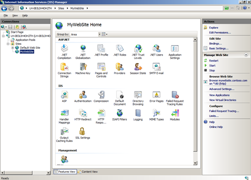 Screenshot showing a new website homepage, in the I I S Manager. The new website, MyWebSite Home, is highlighted in the navigation tree.