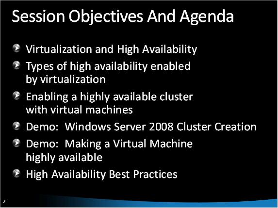 Screenshot der Sitzungsziele und -agenda für Hyper V High Availability.
