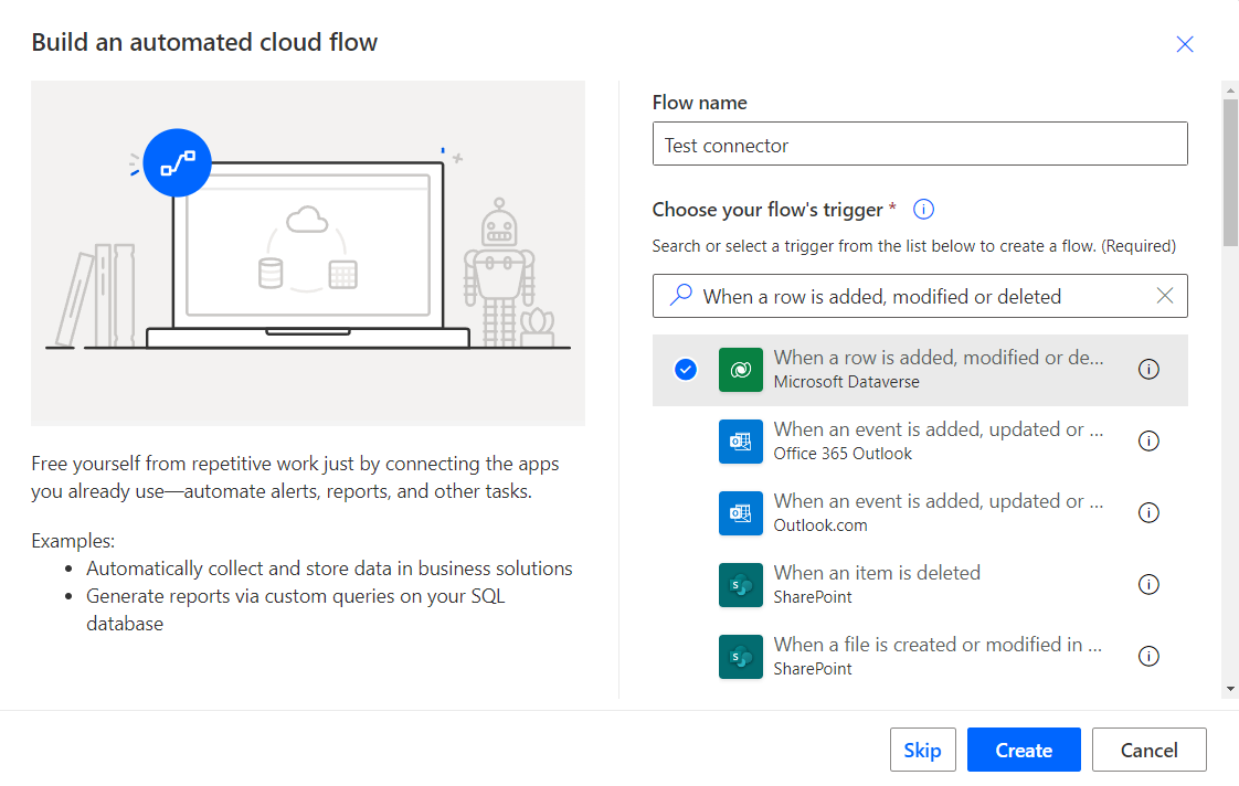 Screenshot, der das Hinzufügen einer Aktion zu einem automatisierten Cloud-Flow demonstriert.