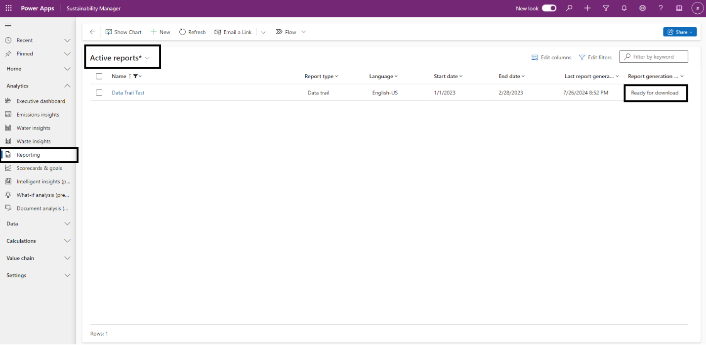 Screenshot der Seite „Aktive Berichte“.