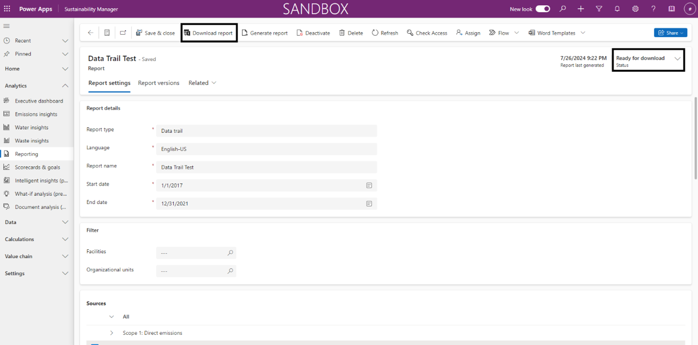 Screenshot des Herunterladens eines Datenpfadberichts.