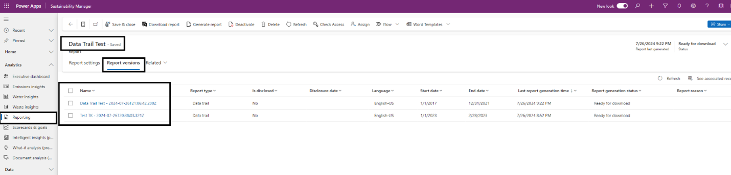 Screenshot von Datenpfadberichtsversionen.
