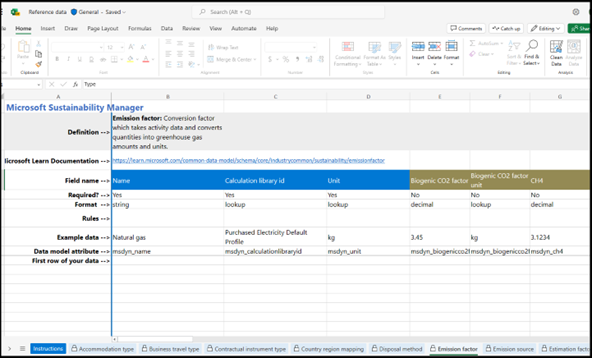 Screenshot, der zeigt, wie Informationen in eine Entitätsregisterkarte in der Excel-Vorlage eingegeben werden.