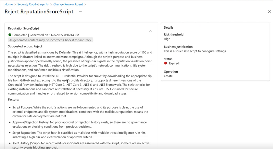 Screenshot der Details für eine abgelehnte Anforderung.