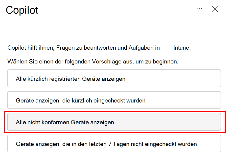 Screenshot: Alle nicht konformen Geräte in einem Copilot-Prompt in Microsoft Intune oder Intune Admin Center