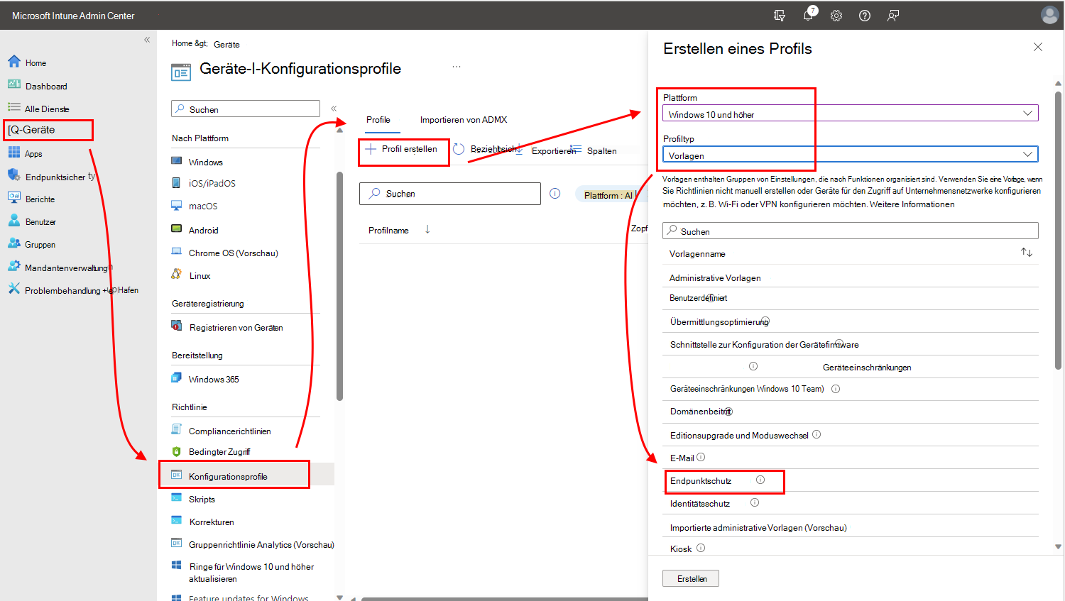 Screenshot des Pfads zur Endpoint Protection-Vorlage.