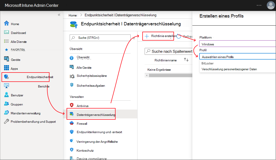 Screenshot der Auswahloberfläche für das Windows-Verschlüsselungsprofil.