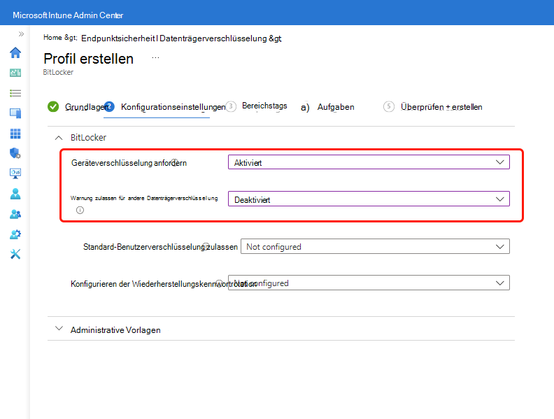 Screenshot von zwei BitLocker-Einstellungen, die zum Aktivieren der automatischen Verschlüsselung erforderlich sind.