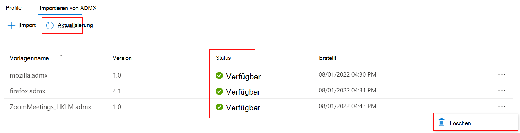 Screenshot, der zeigt, wie importierte benutzerdefinierte ADMX- und ADML-Verwaltungsvorlagen in Microsoft Intune und Intune Admin Center aktualisiert und gelöscht werden.