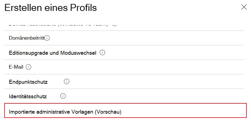 Screenshot, der zeigt, wie Sie importierte administrative Vorlagen auswählen, um mithilfe der importierten ADMX-Einstellungen im Microsoft Intune Admin Center ein Gerätekonfigurationsprofil zu erstellen.
