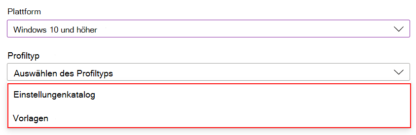 Screenshot, der zeigt, wie Sie beim Erstellen einer Windows- oder macOS-Richtlinie in Microsoft Intune und Intune Admin Center Einstellungskatalog oder Vorlagen auswählen.