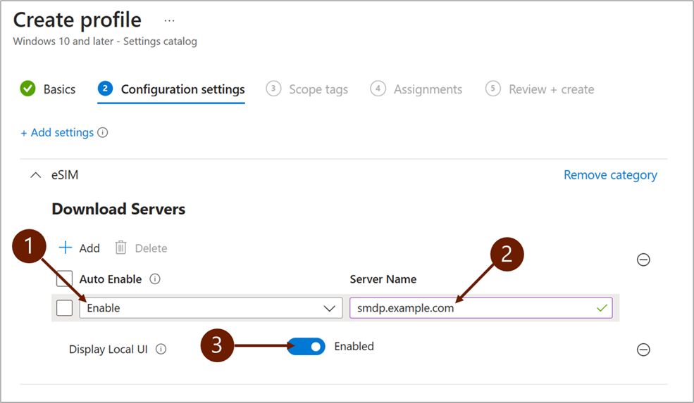 Screenshot: Konfigurationseinstellungen beim Hinzufügen eines eSIM-Downloadservers in Microsoft Intune