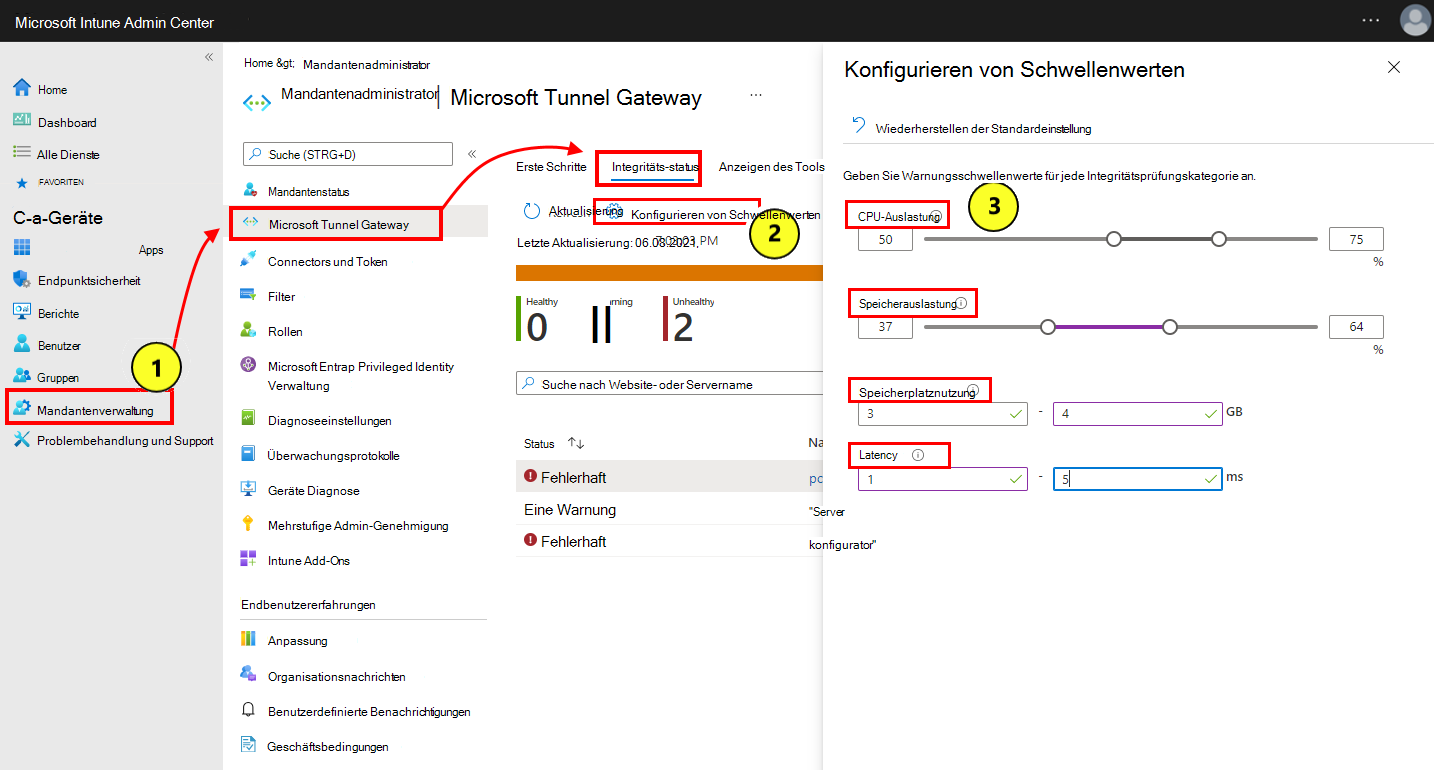Bildschirmfoto zum Auswählen und Konfigurieren von Schwellenwerten für den Status.