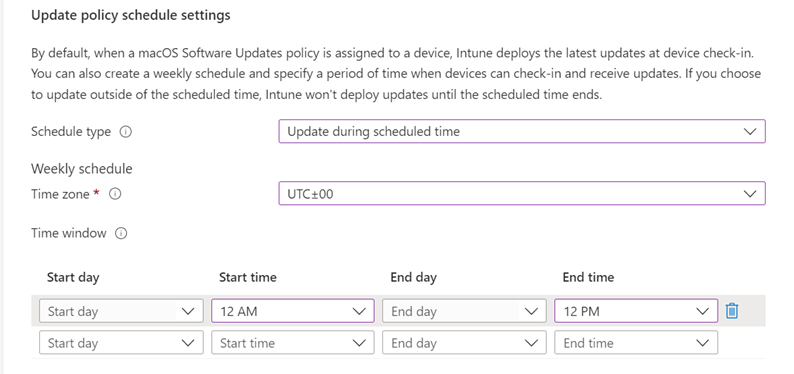 Bildschirmaufnahme der Einstellungen für den Zeitplan der Updaterichtlinie.